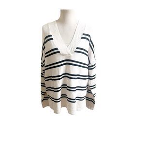 a.n.a Sweater Size 1X Classic Striped V-Neck Pullover Women's NWT Ivory Black